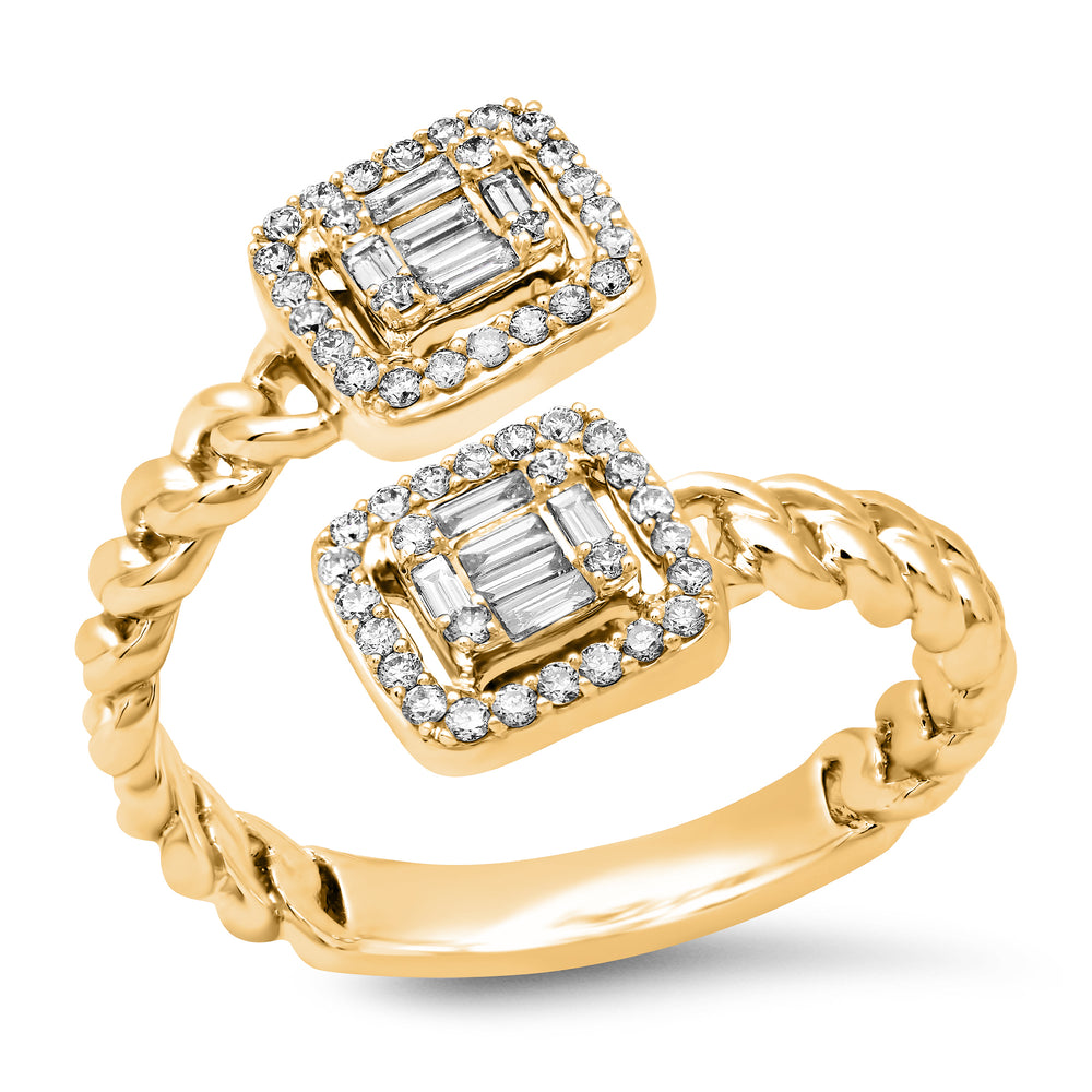 Yellow gold twisted rope band open ring with two square halos of baguette and round diamonds on a white background