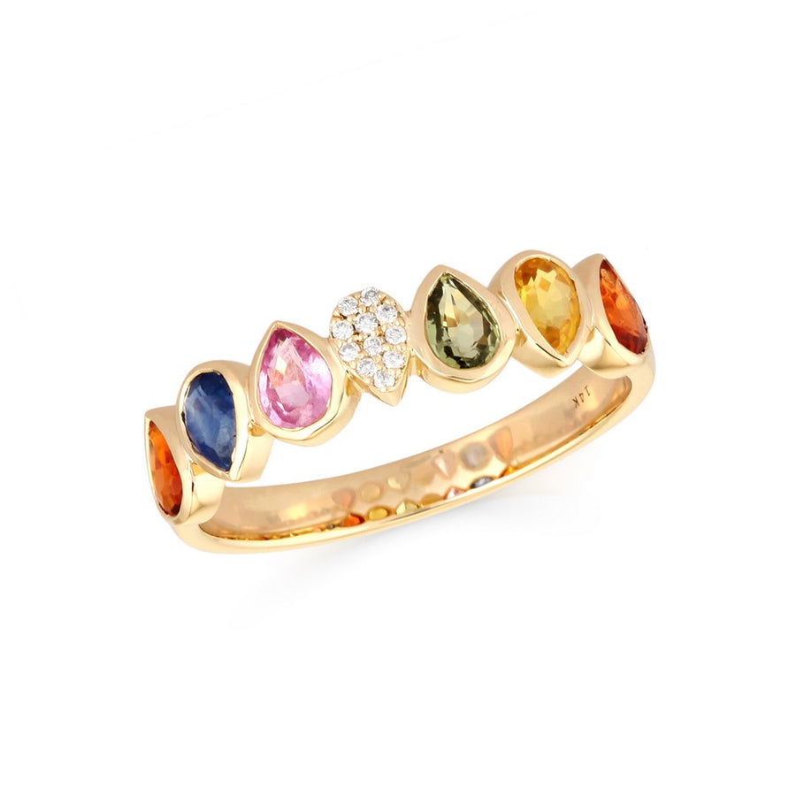 Yellow gold ring with multicoloured teardrop gemstones and pavé diamonds on a white background