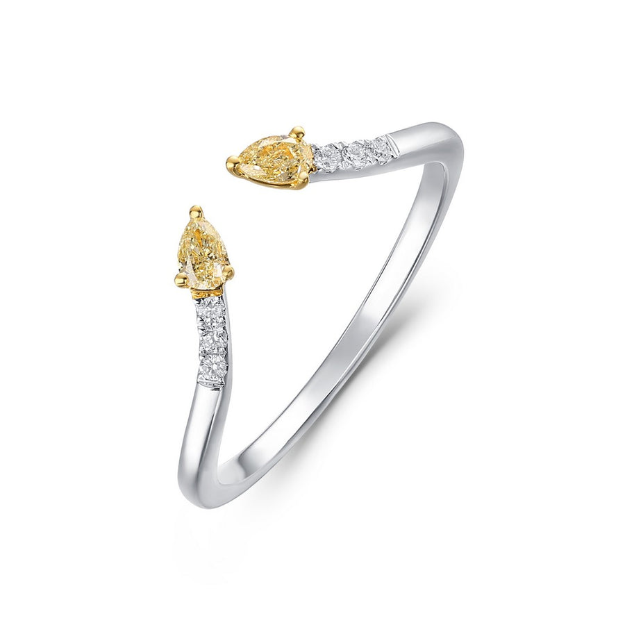 White gold open wrap ring with two yellow pear-cut diamonds and white diamond pave accents on a white background