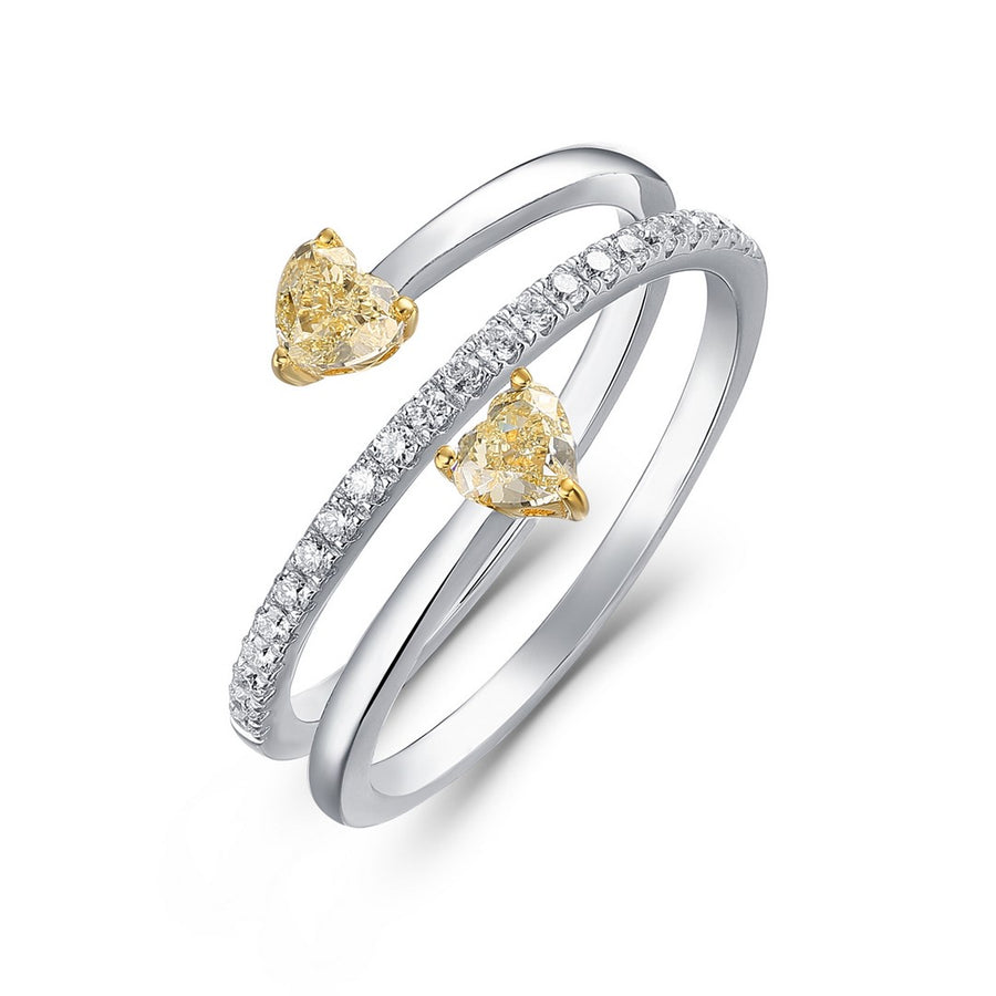 White gold wrap ring with yellow trillion-cut diamonds and clear diamond accents