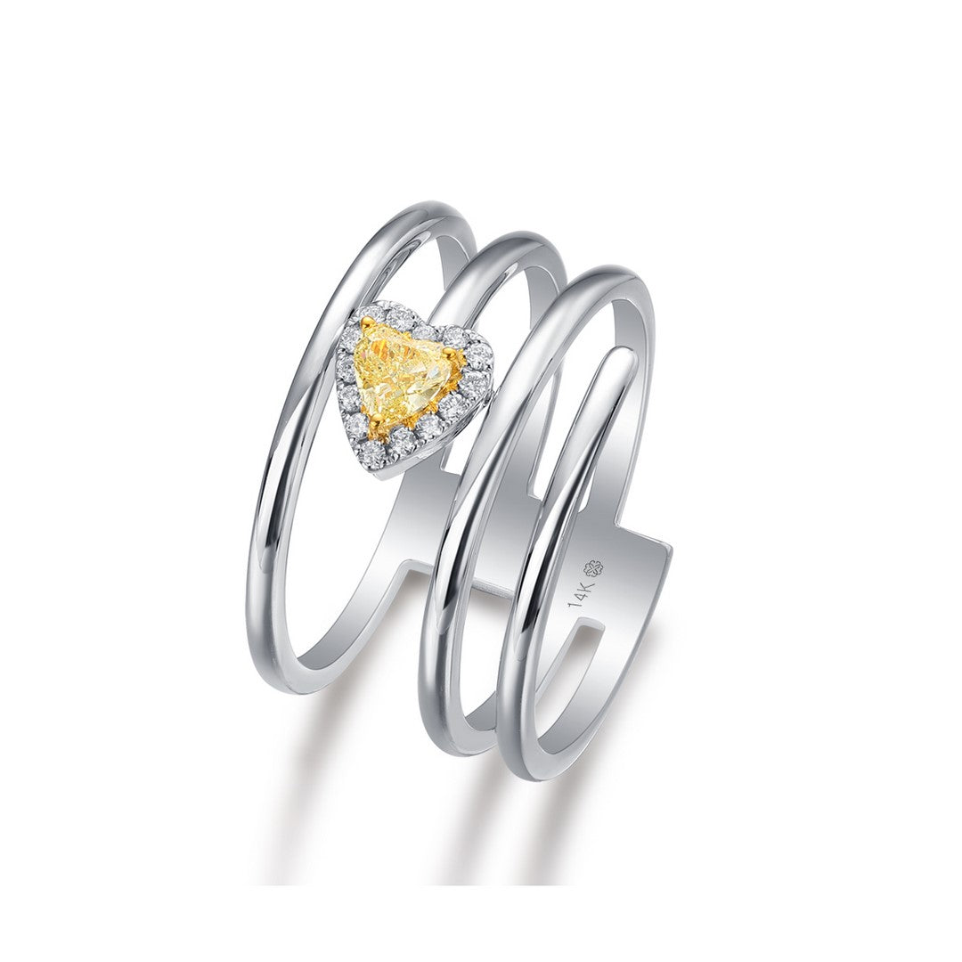 White gold triple-band ring with heart-shaped yellow diamond halo and white diamond accents - side view