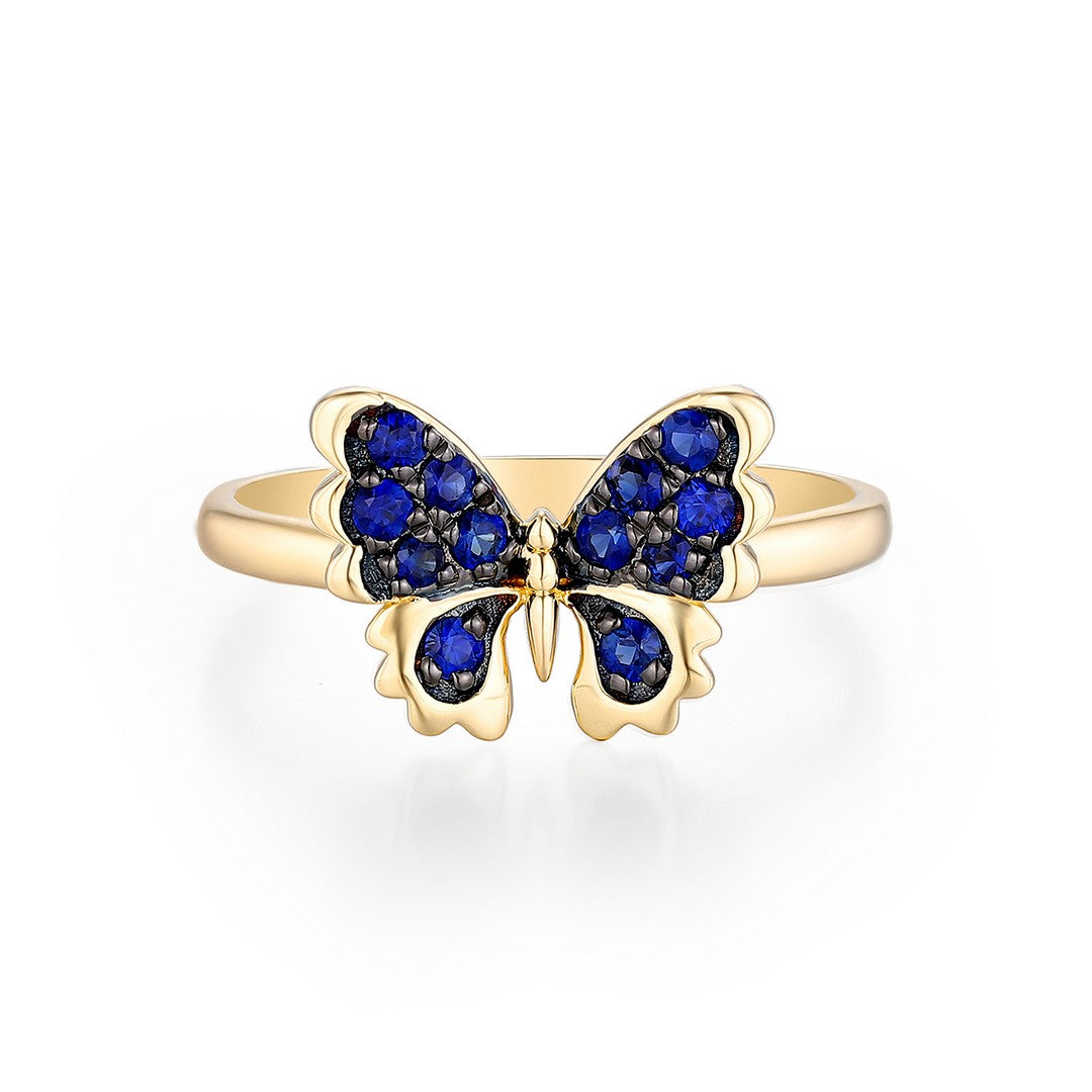 14K Yellow Gold Blue Sapphire Butterfly Ring