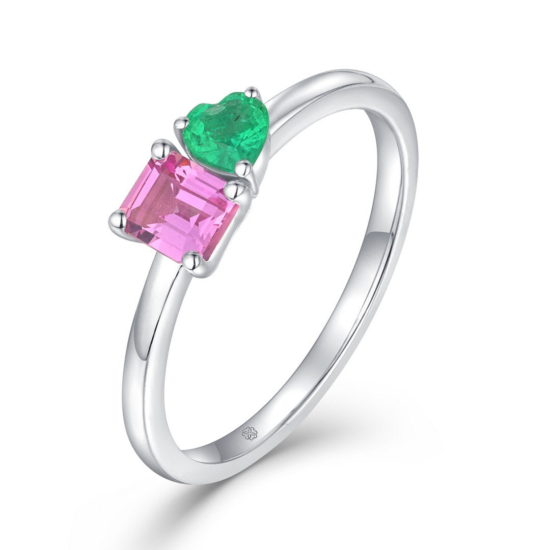 14K White Gold Pink Sapphire and Emerald Cocktail Ring