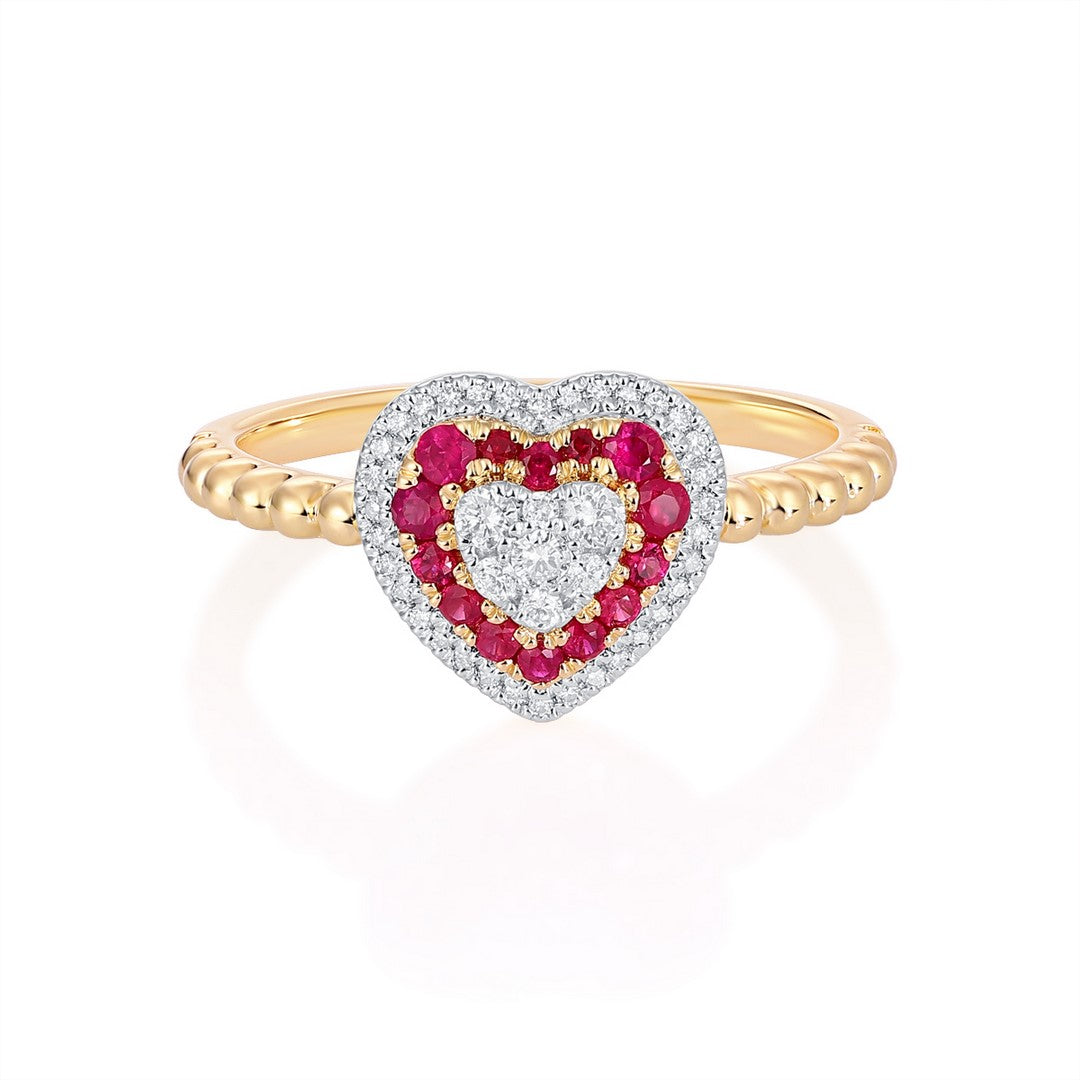 14K Yellow Gold Ruby Heart & Diamond Band (0.25CT Ruby, 0.15CT Diamond)
