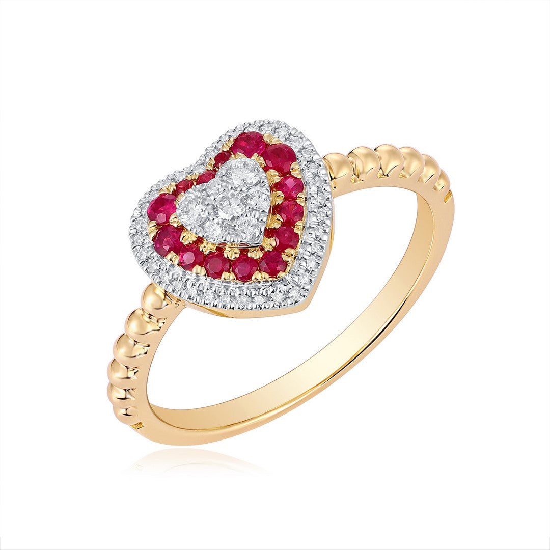 14K Yellow Gold Ruby Heart & Diamond Band (0.25CT Ruby, 0.15CT Diamond)