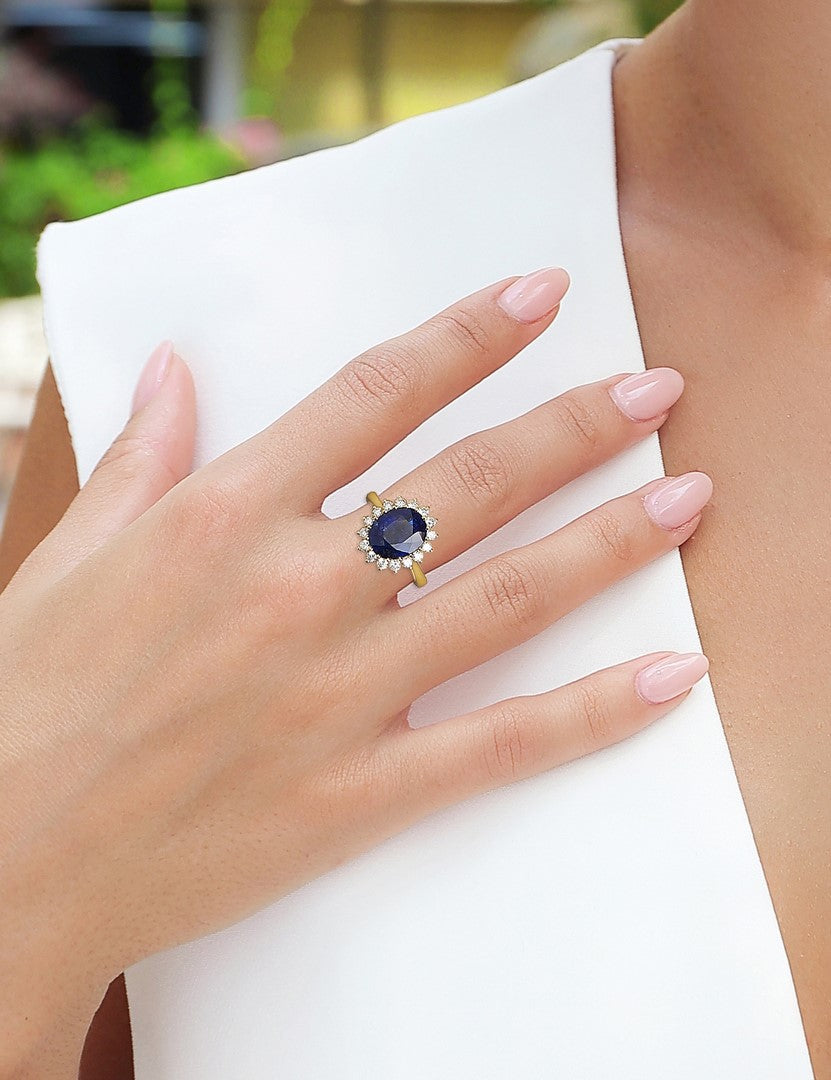 14K Yellow Gold Blue Sapphire Diamond Ring