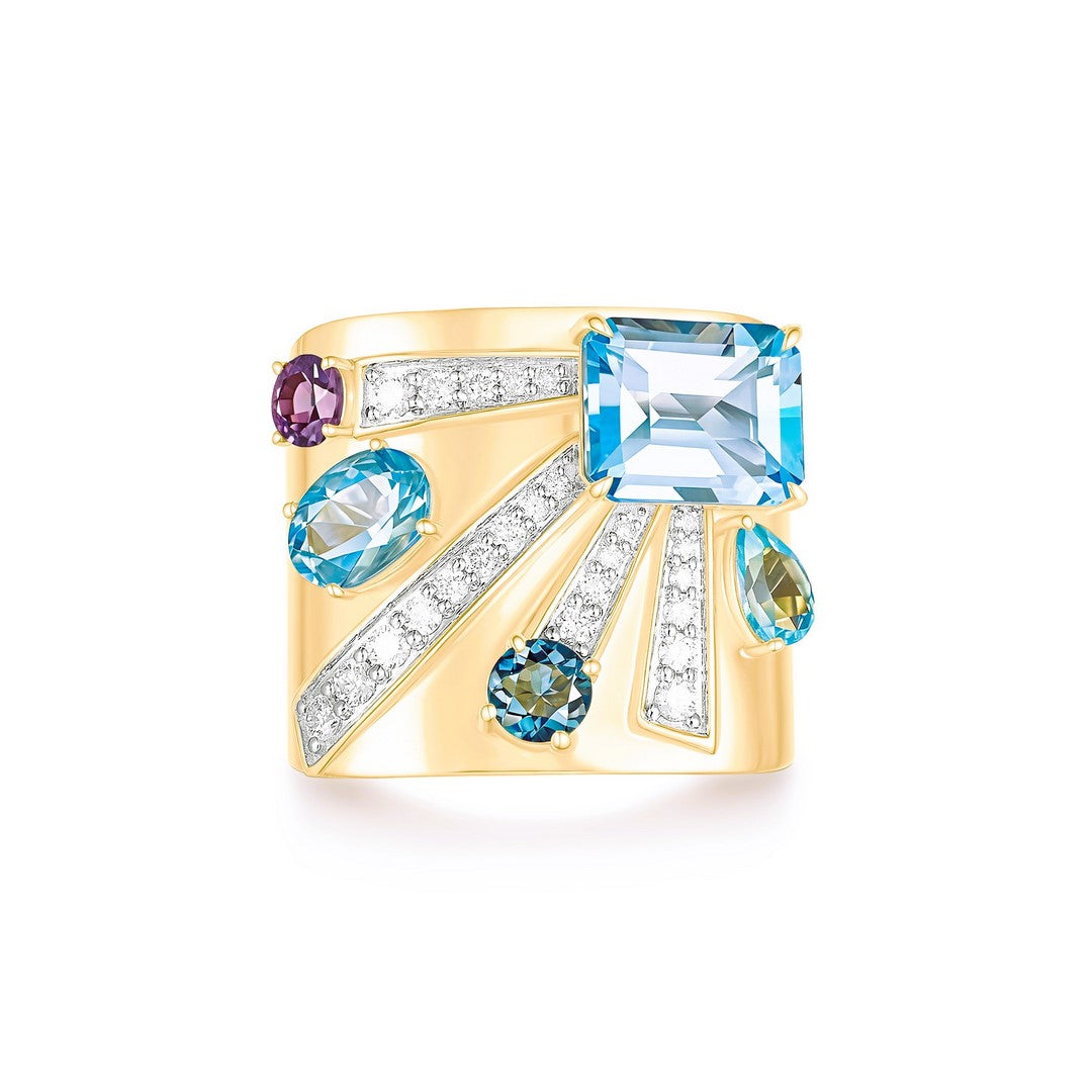 18K Yellow Gold Multi‑Gemstone Cocktail Ring – Diamonds, Blue Topaz & Amethyst