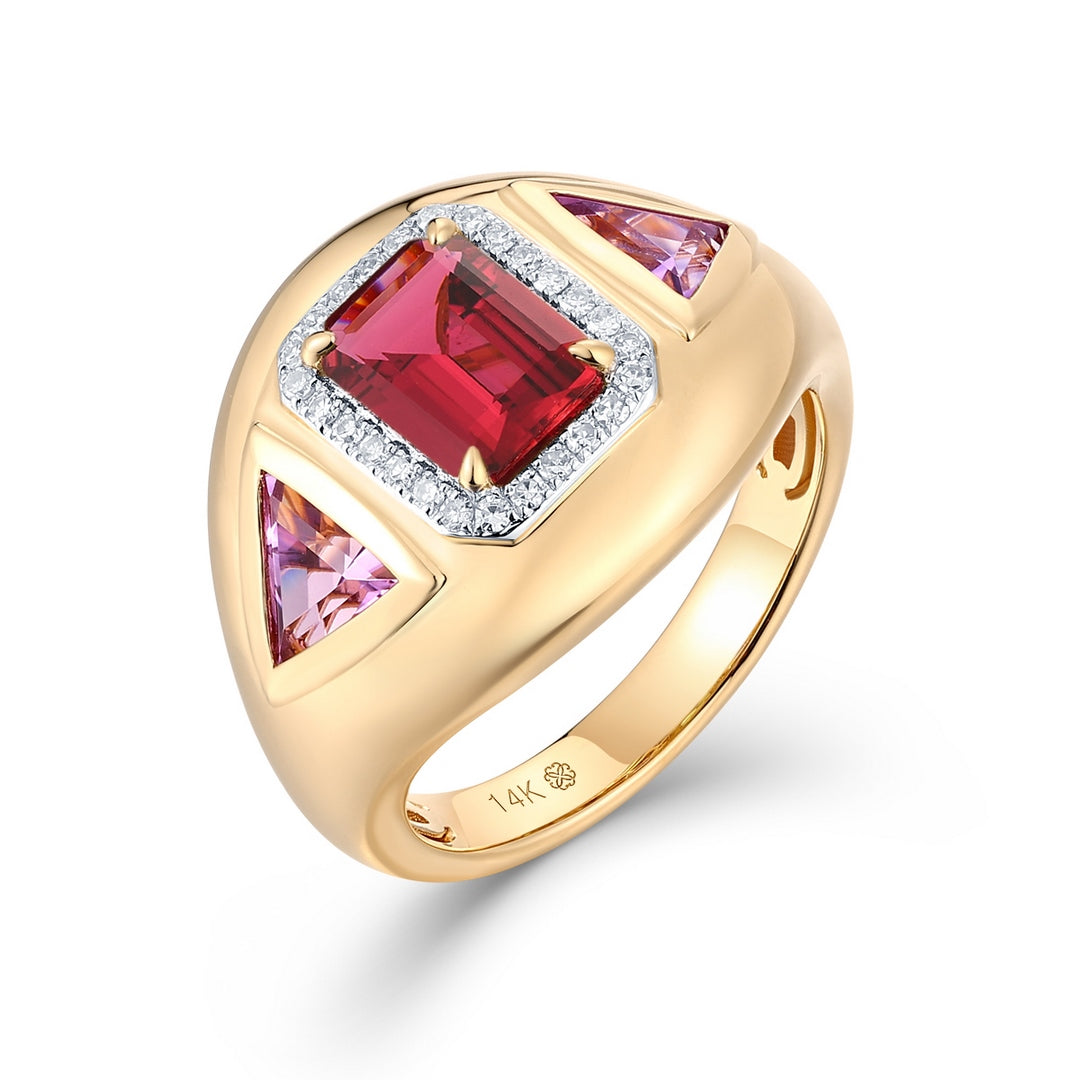 Elegant 14K Yellow Gold Multi-Gemstone Ring - Diamond, Peridot & Amethyst