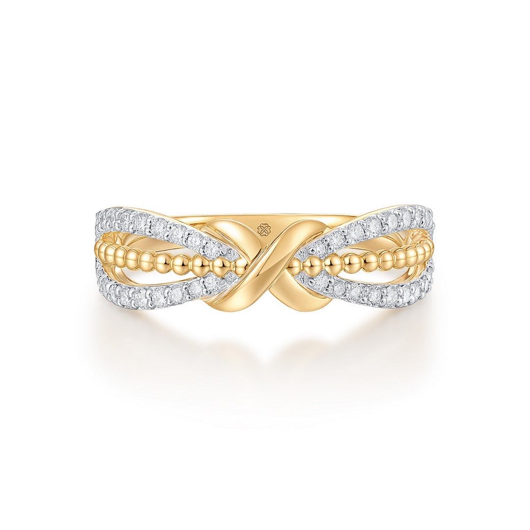 14K Yellow Gold 0.30 CTW Diamond Beaded Crossover Ring