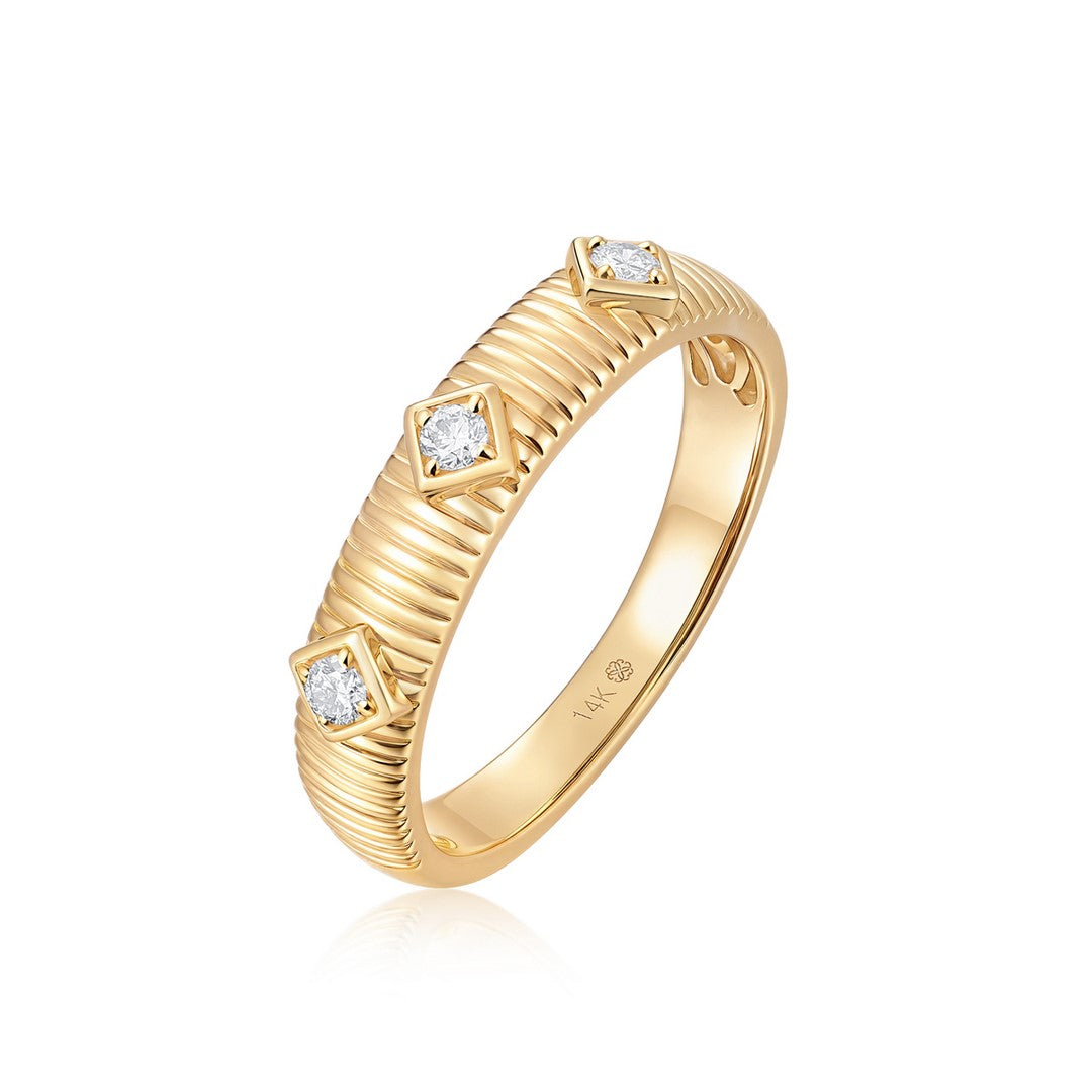 14K Yellow Gold 0.10 CTW Diamond Ribbed Band Ring