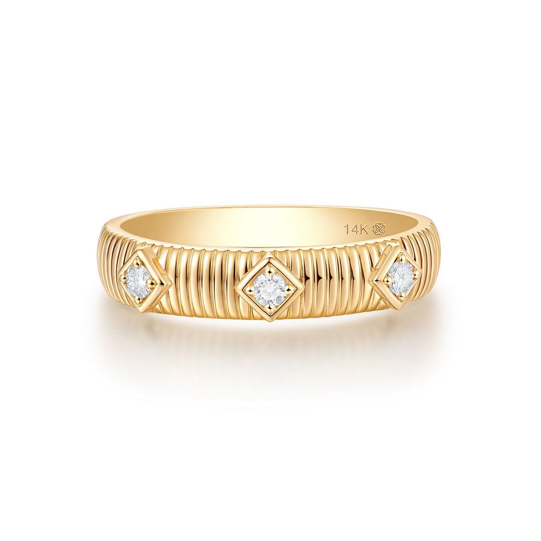 14K Yellow Gold 0.10 CTW Diamond Ribbed Band Ring