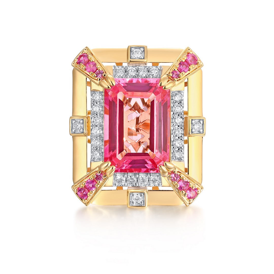 18K Yellow Gold 8.65 CT Pink Tourmaline, Pink Sapphire & Diamond Statement Ring