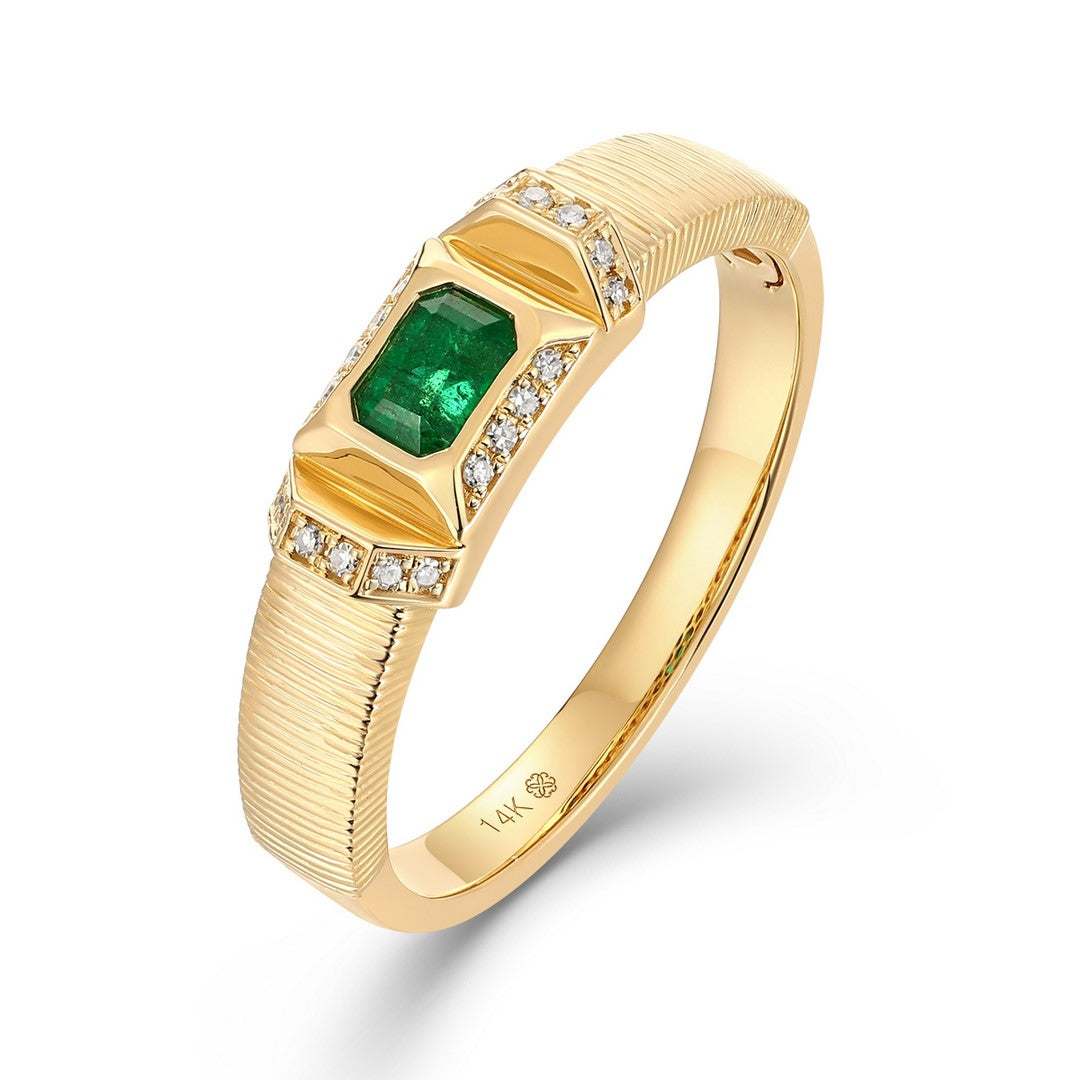 14K Yellow Gold 0.25 CT Emerald & 0.05 CTW Diamond Ridged Band Ring