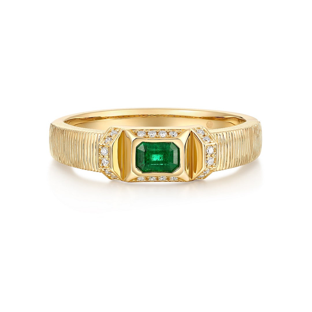 14K Yellow Gold 0.25 CT Emerald & 0.05 CTW Diamond Ridged Band Ring