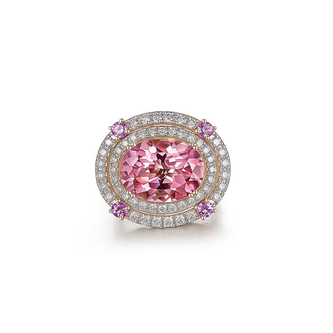 14K Yellow Gold 10.15 CT Pink Tourmaline & Diamond Halo Ring