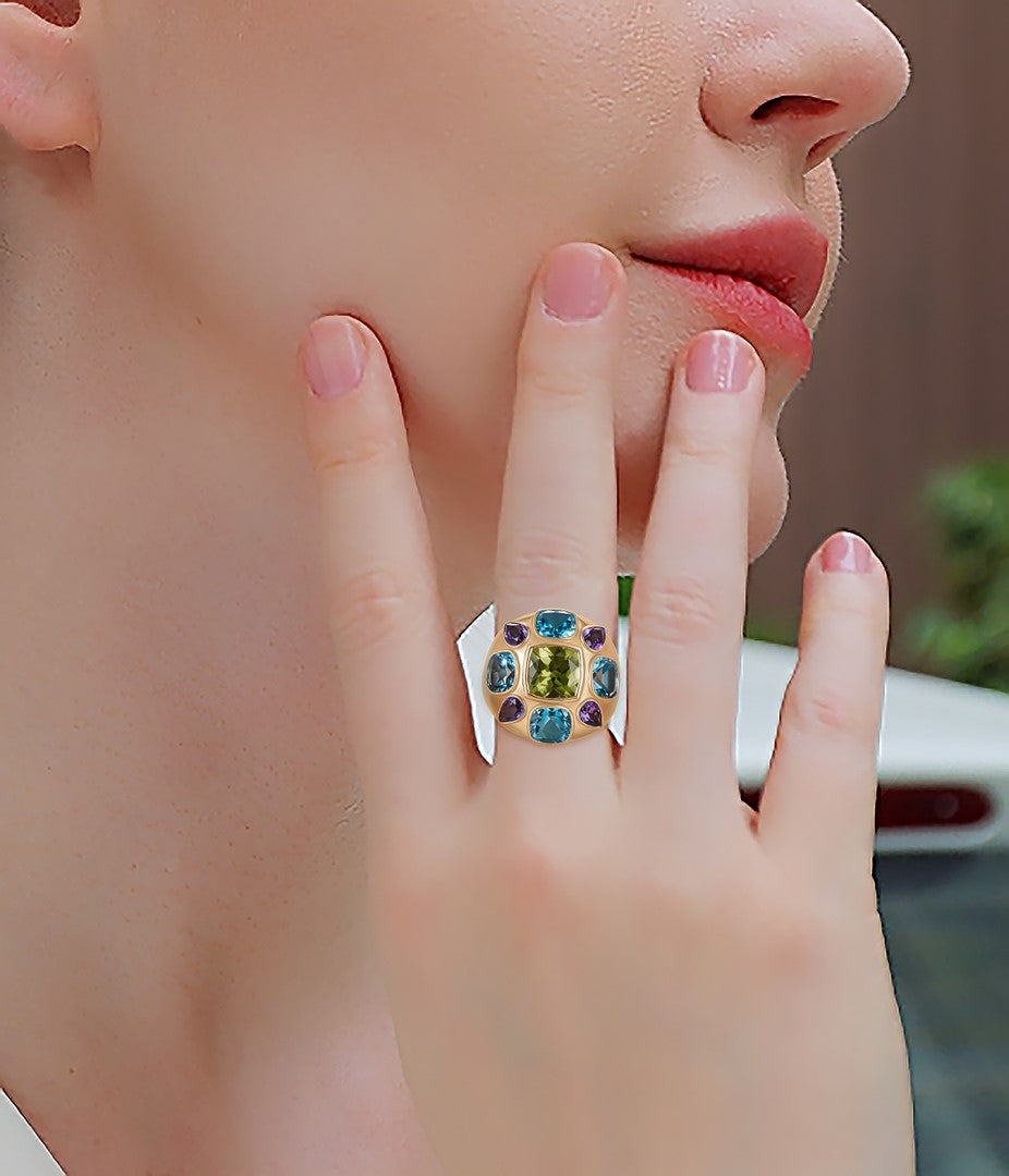 14K Yellow Gold Multi‑Gemstone Cluster Ring – Peridot, Blue Topaz & Amethyst