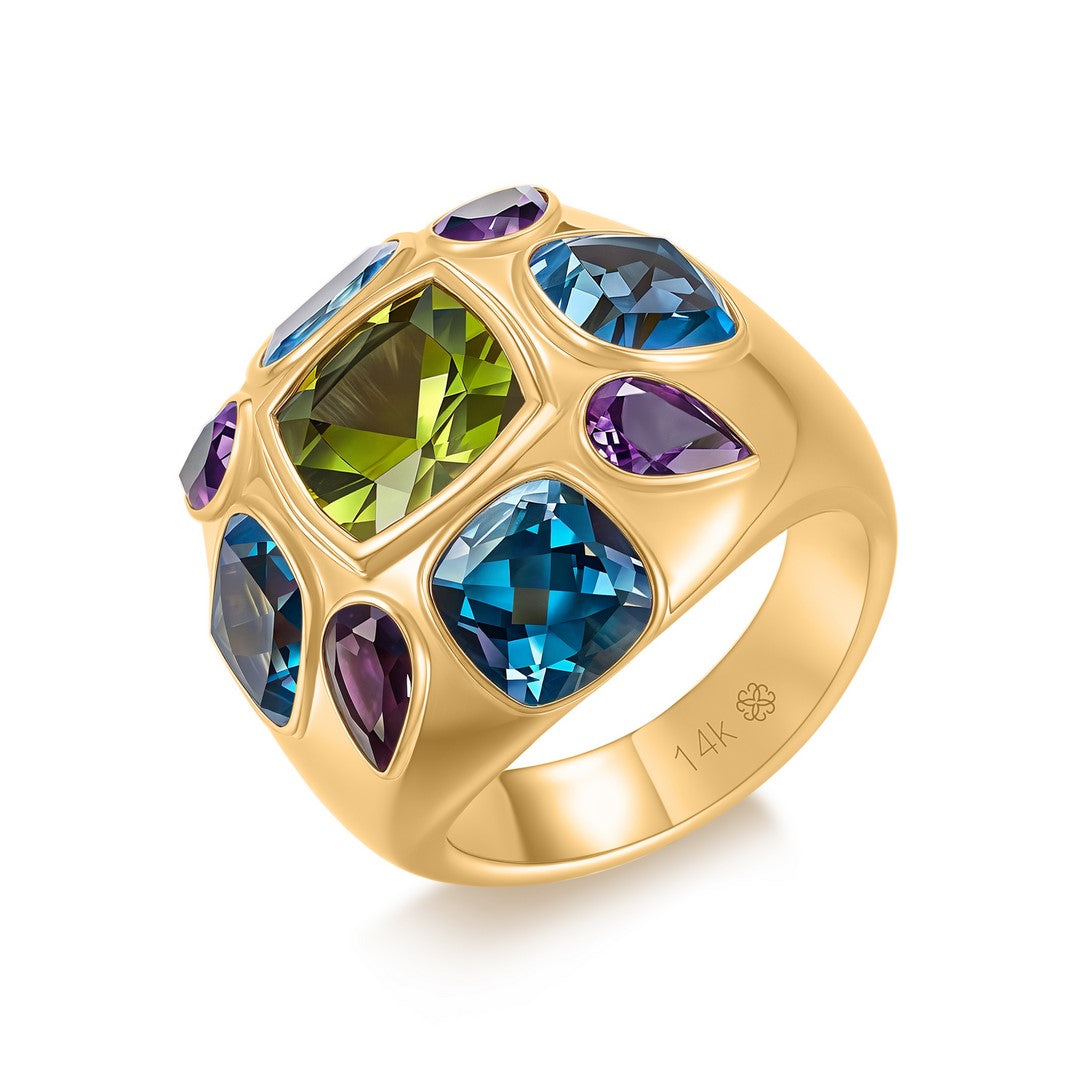 14K Yellow Gold Multi‑Gemstone Cluster Ring – Peridot, Blue Topaz & Amethyst