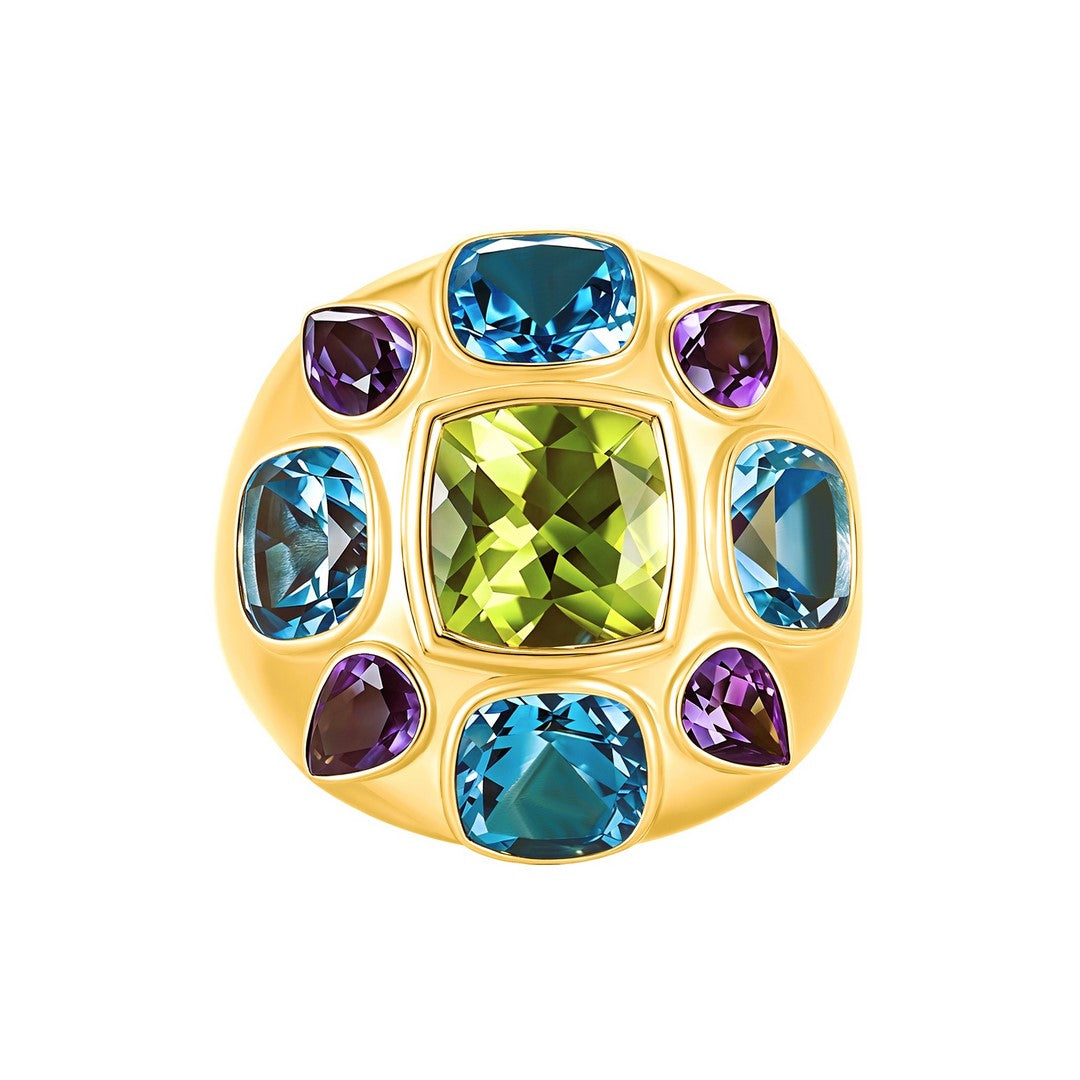 14K Yellow Gold Multi‑Gemstone Cluster Ring – Peridot, Blue Topaz & Amethyst