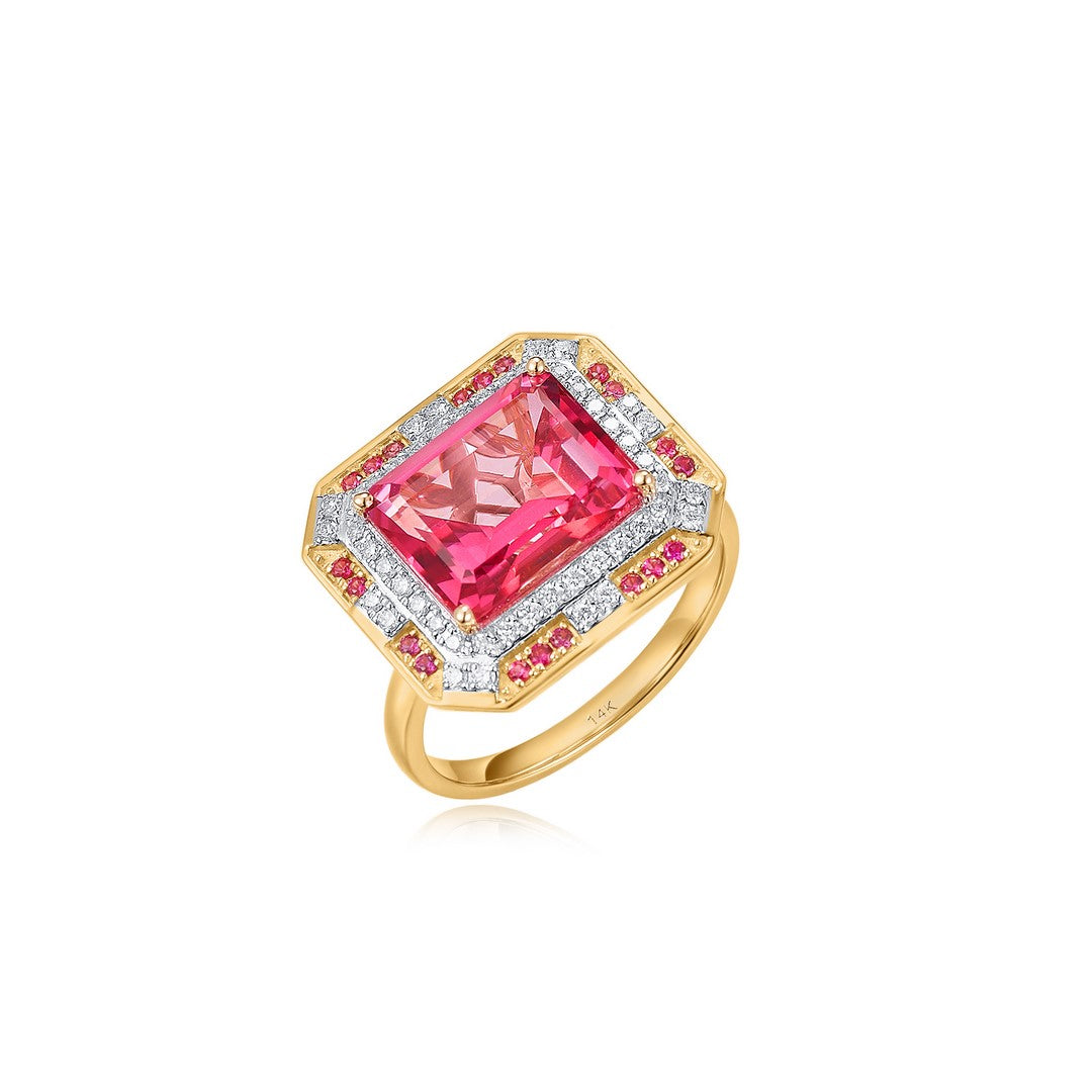14K Yellow Gold 5.35 CT Pink Tourmaline & 0.40 CTW Pink Sapphire Diamond Ring