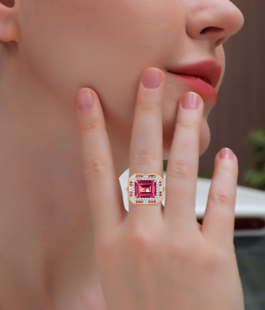 14K Yellow Gold 5.35 CT Pink Tourmaline & 0.40 CTW Pink Sapphire Diamond Ring